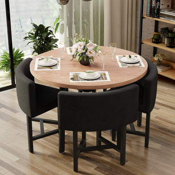 40" Round Wooden Small Nesting Dining Table Set for 4 Gray Upholstered Chairs